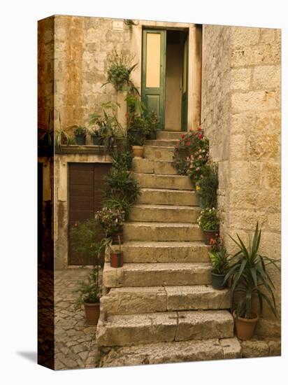 Steps with plants outside historic stone house, Trogir, Dalamatia, Croatia-Merrill Images-Premier Image Canvas