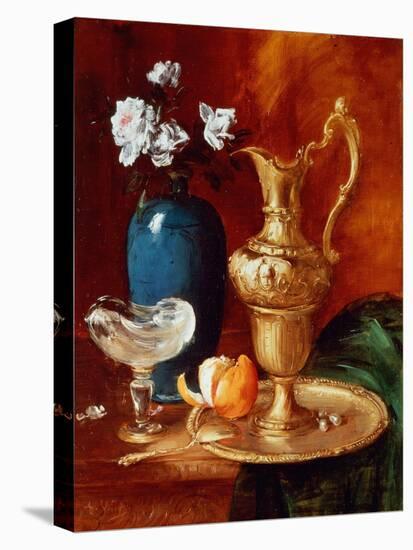 Still Life of a Gilt Ewer, Vase of Flowers and a Facon De Venise Bowl-Antoine Vollon-Premier Image Canvas