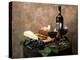 Still Life of Wine Bottle, Wine Glasses, Cheese and Purple Grapes on Top of Barrel-null-Premier Image Canvas