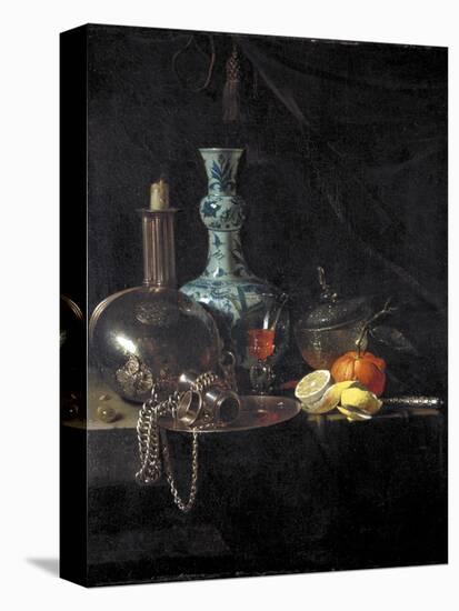 Still Life with a Pilgrim Flask, Candlestick, Porcelain Vase and Fruit, 17th Century-Willem Kalf-Premier Image Canvas