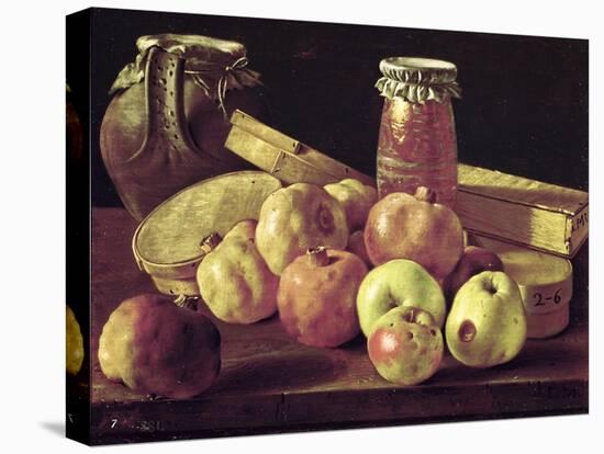 Still Life with Pomegranates, Apples, a Pot of Jam and a Stone Pot-Luis Egidio Melendez-Premier Image Canvas