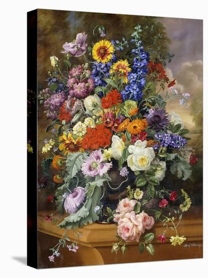 Still Life with Roses, Delphiniums, Poppies, and Marigolds on a Ledge-Albert Williams-Premier Image Canvas