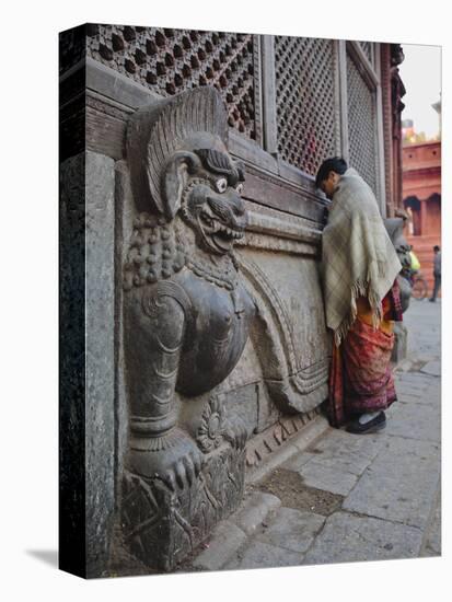 Stone Lions Guard a Prayer Wall in Durbar Square, Kathmandu, Nepal, Asia-Mark Chivers-Premier Image Canvas
