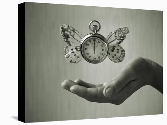 Stopwatch With Butterfly Wings Levitating Above Hand, Black And White, Slight Green Toning-foodbytes-Stretched Canvas