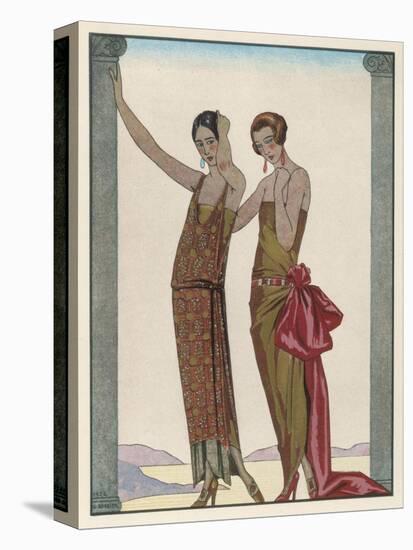 Strapless Gold Dress Draped up Over One Hip and Tied with a Large Sash Bow Which Creates a Train-Georges Barbier-Premier Image Canvas