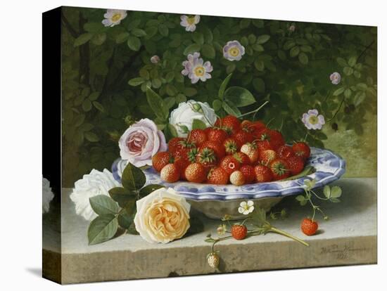 Strawberries in a Blue and White Buckelteller with Roses and Sweet Briar on a Ledge-William Hammer-Premier Image Canvas