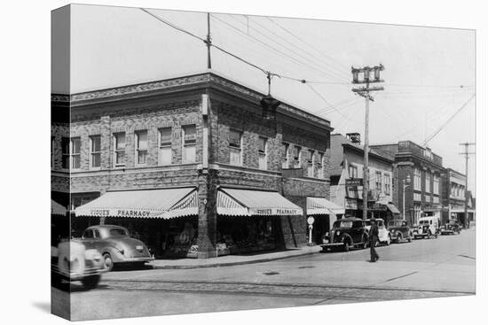 Street Scene, View of Vioue's Pharmacy - Renton, WA-Lantern Press-Stretched Canvas