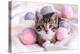 Striped Cat Playing with Pink and Grey Balls Skeins of Thread on White Bed. Little Curious Kitten L-Natali Kuzina-Premier Image Canvas