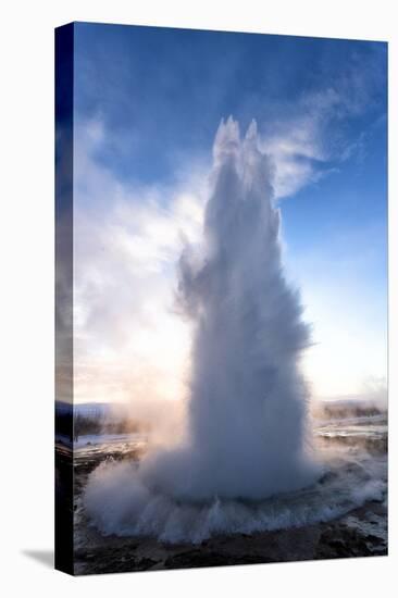 Strokkur Geysir Erupting at Sunrise on a Freezing Winter's Morning Against the Colourful Sky-Lee Frost-Premier Image Canvas