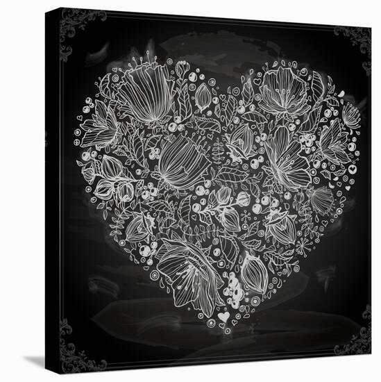 Stylish Floral Heart, Hand Drawn Retro Flowers-Ozerina Anna-Stretched Canvas