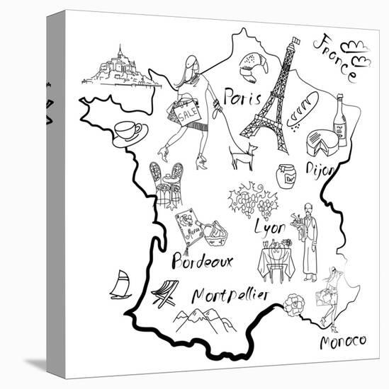 Stylized Map of France. Things that Different Regions in France are Famous For.-Alisa Foytik-Stretched Canvas
