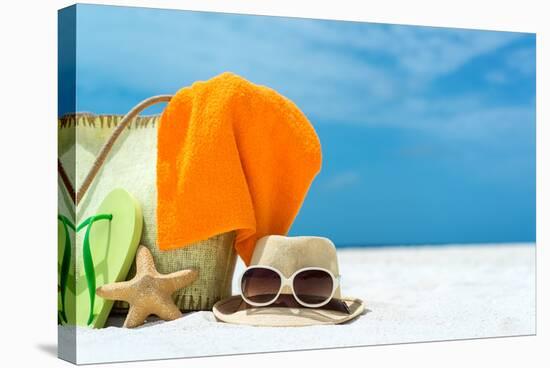 Summer Beach Bag with Coral,Towel and Flip Flops on Sandy Beach-oleggawriloff-Premier Image Canvas