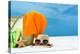 Summer Beach Bag with Coral,Towel and Flip Flops on Sandy Beach-oleggawriloff-Premier Image Canvas