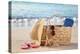 Summer Beach Bag with Straw Hat,Towel,Sunglasses and Flip Flops on Sandy Beach-Liang Zhang-Premier Image Canvas