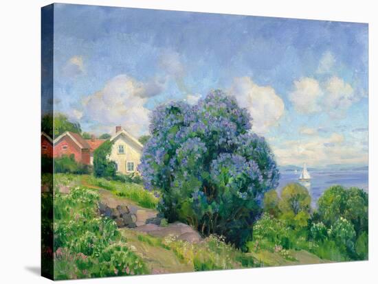 Summer Landscape with Lilac Bush, House and Sailing Boat-Thorolf Holmboe-Stretched Canvas