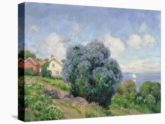 Summer landscape with lilac bush, house and sailing boat-Thorolf Holmboe-Premier Image Canvas