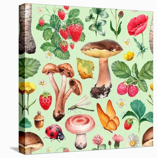 Summer Pattern with Watercolor Illustrations of Flowers and Mushrooms-Sundra-Stretched Canvas