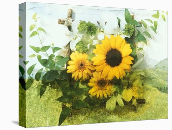 Sun Flowers And Green Vine Bouquet with Green Mountain Tops-null-Premier Image Canvas