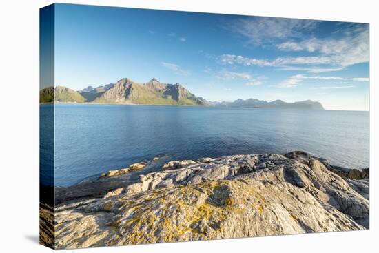 Sun shines on the blue sea and the rocky peaks at night during summer, Vikten, Nord Trondelag, Lofo-Roberto Moiola-Premier Image Canvas