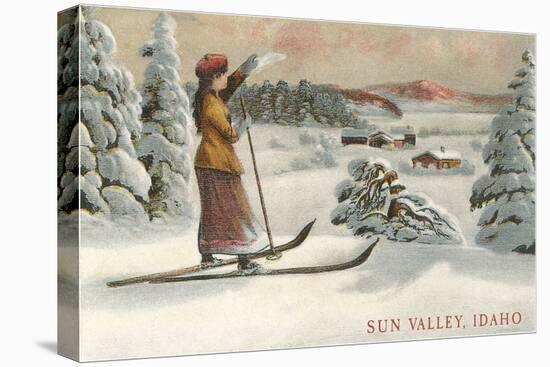 Sun Valley, Idaho, Woman Skier Looking Over Town-null-Stretched Canvas