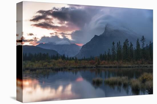 Sunrise and storm clouds at Vermillion Lakes with Mount Rundle in autumn, Canada-Jon Reaves-Premier Image Canvas