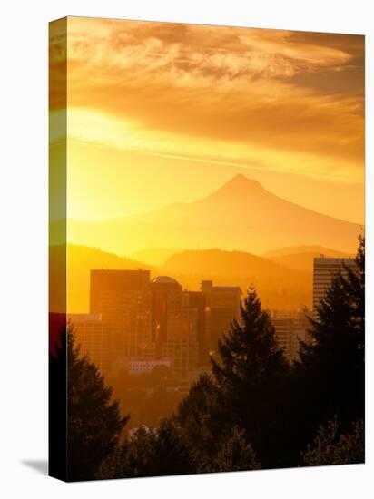 Sunrise on Mt Hood and Downtown, Portland, Oregon, USA-Janis Miglavs-Premier Image Canvas