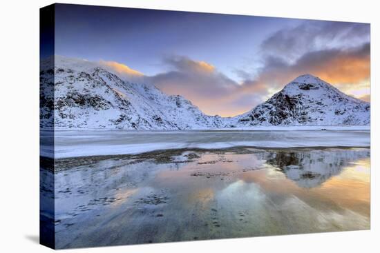 Sunrise on Uttakleiv Beach Surrounded by Snow Covered Mountains Reflected in the Cold Sea-Roberto Moiola-Premier Image Canvas