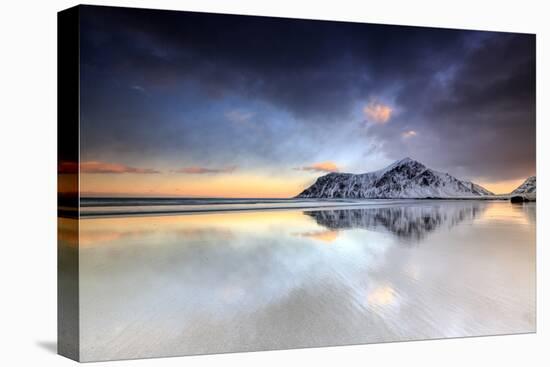 Sunset on Skagsanden Beach Surrounded by Snow Covered Mountains Reflected in the Cold Sea-Roberto Moiola-Premier Image Canvas