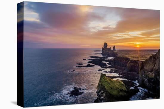 Sunset over the Londrangar Sea Stacks and the Thufubjarg Cliffs, Snaefellnes Peninsula, Iceland-Arctic-Images-Premier Image Canvas