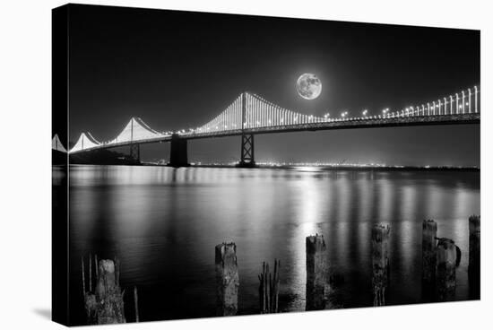 Super full moon rising in San Francisco Embarcadero pier over the Bay Bridge in the evening-David Chang-Premier Image Canvas