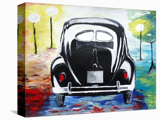 Surf VW Bug Series - The Black Volkswagen Bug Split Window-Martina Bleichner-Stretched Canvas