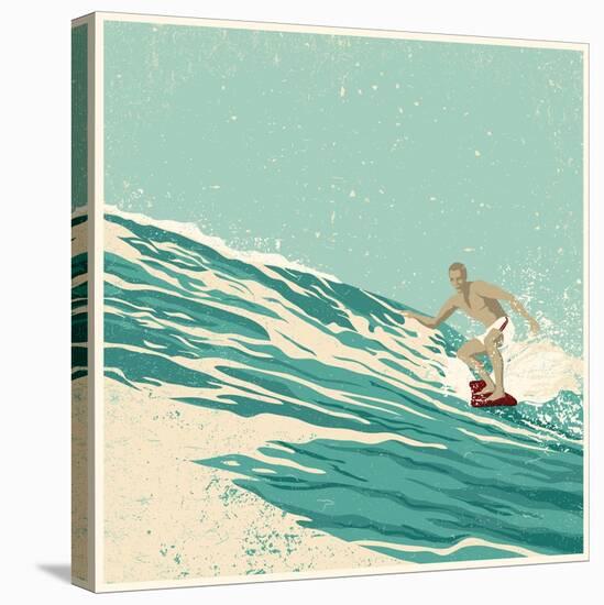 Surfer and Big Wave. Vector Illustration. Grunge Effect in Separate Layer.-jumpingsack-Stretched Canvas