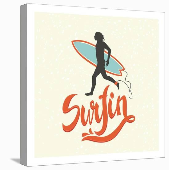 Surfin' - Typographic Design with Running Surfer-Tasiania-Stretched Canvas