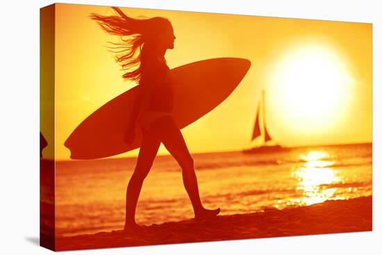 Surfing Surfer Woman Babe Beach Fun at Sunset. Girl Walking in Sunshine in Warm Evening Sun Holding-Maridav-Premier Image Canvas