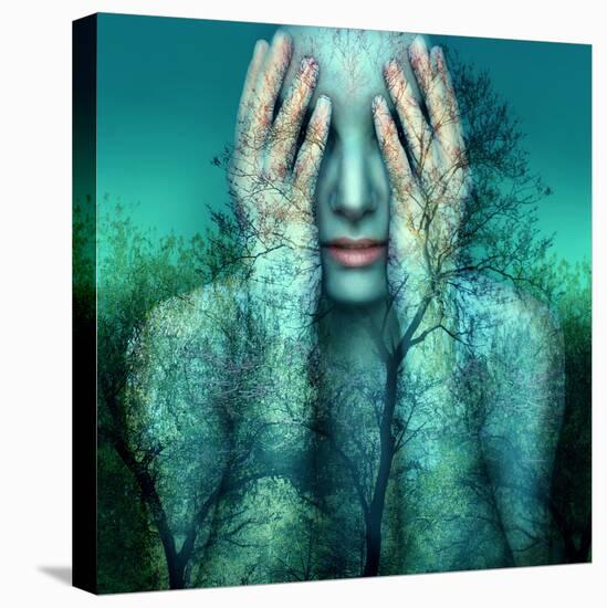 Surreal and Artistic Image of a Girl Who Covers Her Eyes with Her Hands on a Background of Trees An-Valentina Photos-Stretched Canvas