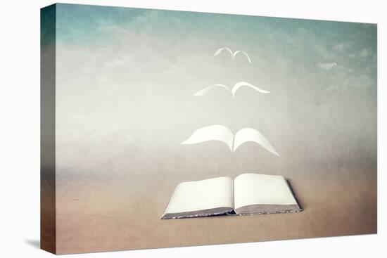 surreal book concept pages flying out of book-Francesco Chiesa-Stretched Canvas