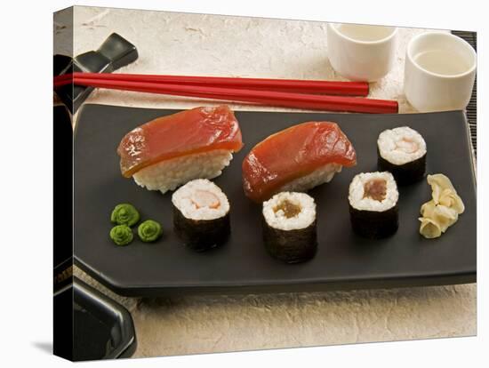 Sushi (Salmon Nigiri and Norimaki), Wasabi Cream and Pickled Sushi Ginger Slice, Japan-Nico Tondini-Premier Image Canvas
