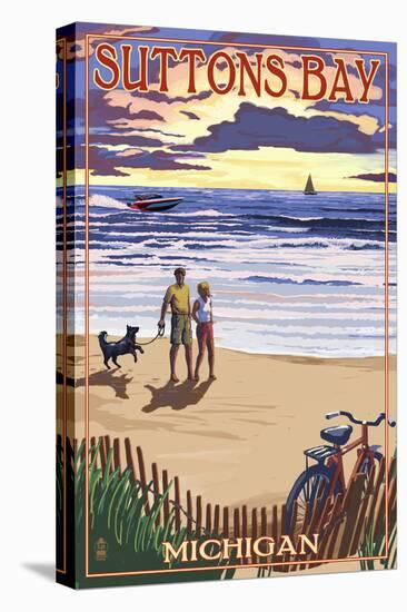 Suttons Bay, Michigan - Sunset on Beach-Lantern Press-Stretched Canvas