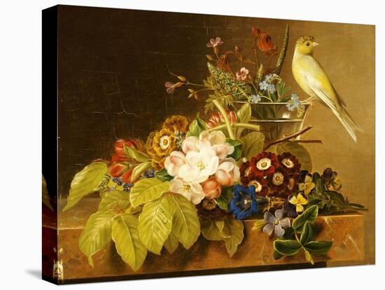 Sweet William, Forget Me Not, Convulvus and a Canary on a Ledge-Johan Laurentz Jensen-Premier Image Canvas
