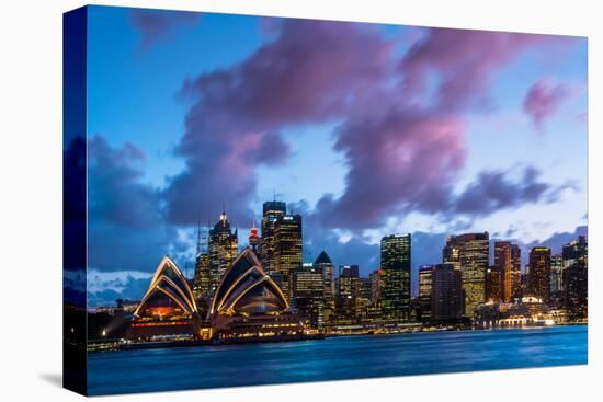 Sydney city skyline and harbour including the Opera House at dusk, Sydney, New South Wales, Austral-Andrew Michael-Premier Image Canvas