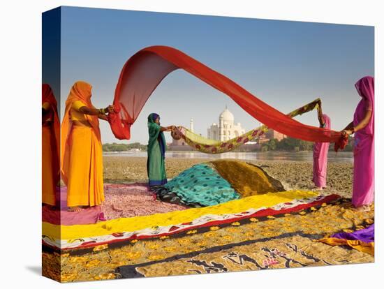 Taj Mahal, UNESCO World Heritage Site, across Yamuna River, Women Drying Colourful Saris, Agra, Utt-Gavin Hellier-Premier Image Canvas