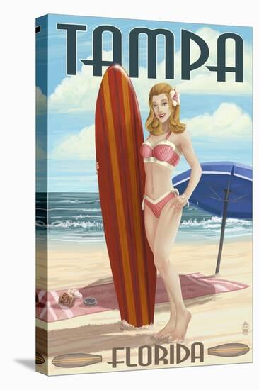 Tampa, Florida - Pinup Girl Surfing-Lantern Press-Stretched Canvas