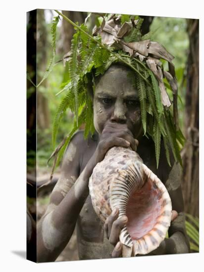 Tanna Island Fetukai, Native Dress-Young Boy with Sea Shell Horn, Vanuatu-Walter Bibikow-Premier Image Canvas