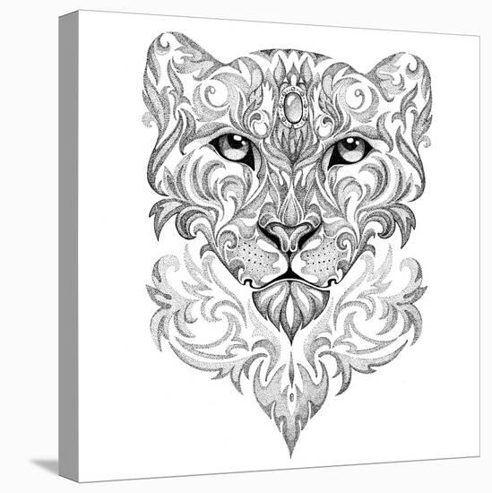 Tattoo Snow Leopard, Panther, Cat, with Patterns and Ornaments-Vensk-Stretched Canvas