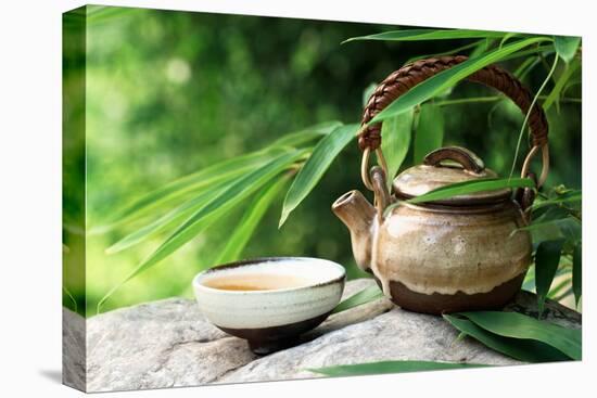 Teapot and Cups on Stone with Bamboo Leaves.-Liang Zhang-Premier Image Canvas