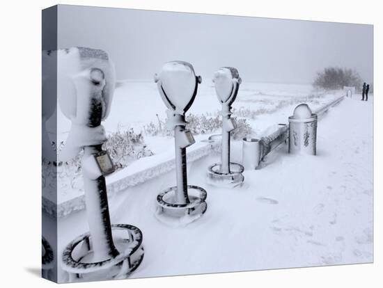 Telescope Viewers are Covered in Snow Overlooking Lighthouse Beach in Chatham, Massachusetts-null-Premier Image Canvas