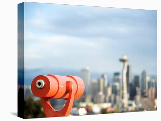 Telescope with View of Seattle Skyline in Distance, Kerry Park, Seattle, Washington State, USA-Aaron McCoy-Premier Image Canvas