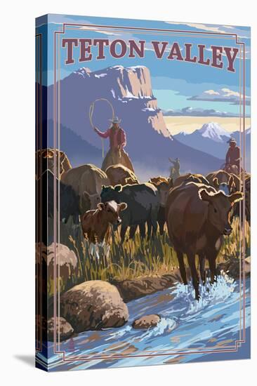 Teton Valley, Idaho - Cowboy Cattle Drive Scene-Lantern Press-Stretched Canvas