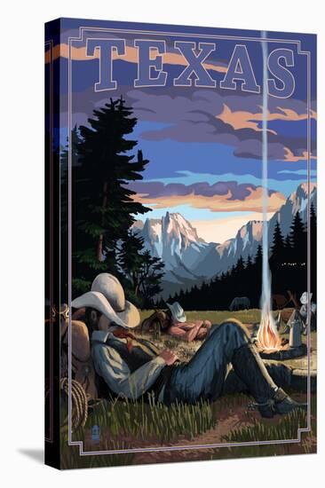 Texas - Cowboy Camping Night Scene-Lantern Press-Stretched Canvas