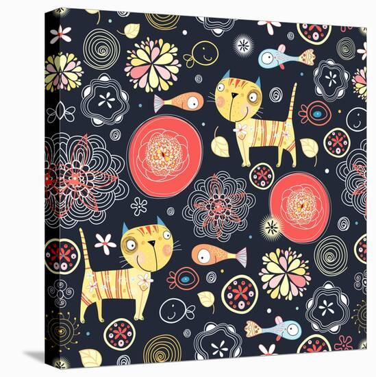 Texture of Funny Cats and Fish-Tanor-Stretched Canvas